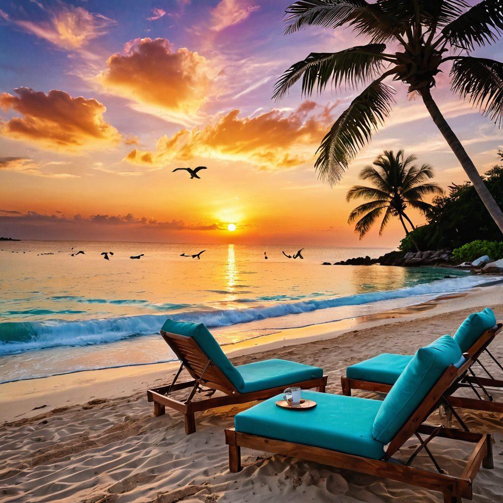 A picturesque beach scene with golden sand and crystal-clear turquoise waters under a vibrant sunset. Include elegant beach loungers adorned with fluffy cushions, a stylish sunhat and a refreshing cocktail on a side table. Add a couple walking hand-in-hand, exuding romance and lifestyle bliss. Incorporate palm trees swaying gently in the breeze, and seagulls soaring in the sky. vibrant colors. super-realistic.