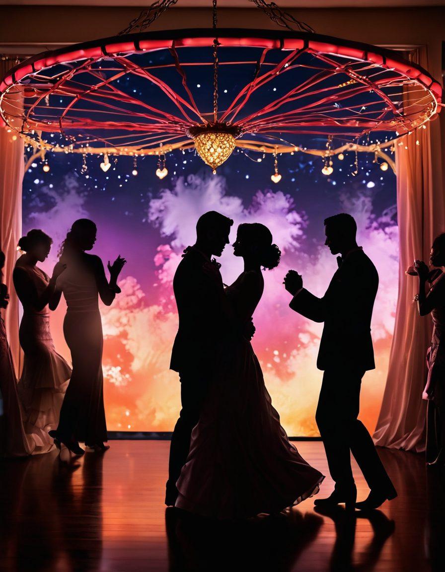 A lively and alluring scene depicting a vibrant gathering of couples enjoying a swinging event in an elegant yet playful atmosphere. Incorporate intriguing silhouettes of couples dancing and socializing, surrounded by soft ambient lighting and tasteful decor. Add elements that symbolize connection and adventure, such as intertwined hearts and playful whispers. The overall vibe should be inviting, with a hint of mystery. super-realistic. vibrant colors. soft glow.